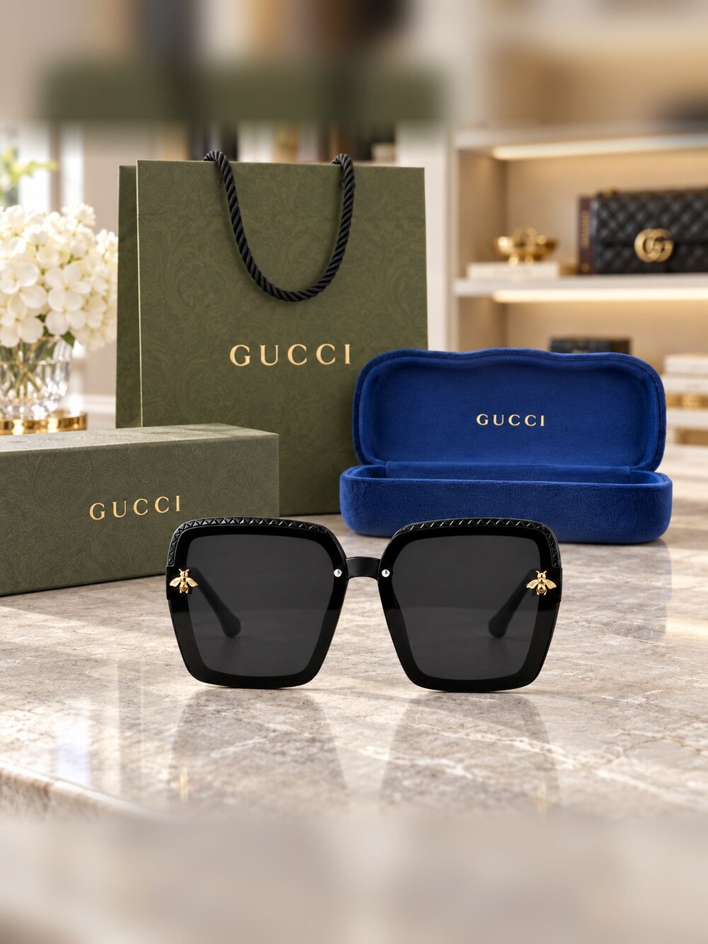 Gucci Black Square Bee Sunglasses